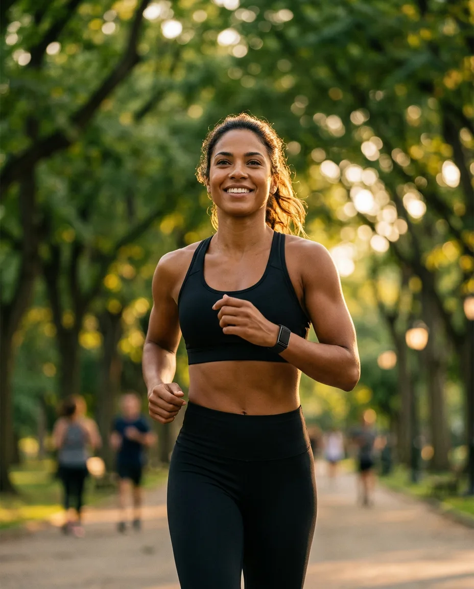 Mulher sorrindo enquanto corre no parque usando a pulseira eaze preta