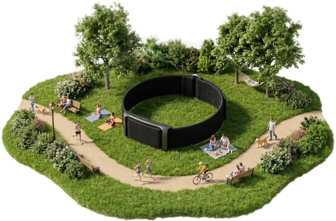 Pulseira eaze gigante deitada no gramado de um parque em miniatura, com pessoas correndo, pedalando, fazendo yoga e piquenique ao redor
